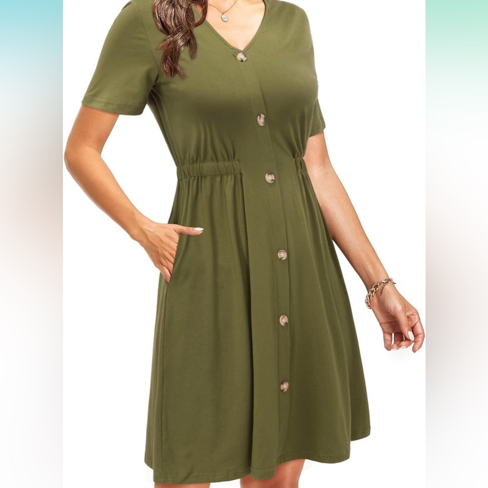 V-Neck Short Sleeve Button Dress Elastic Waist with Pockets